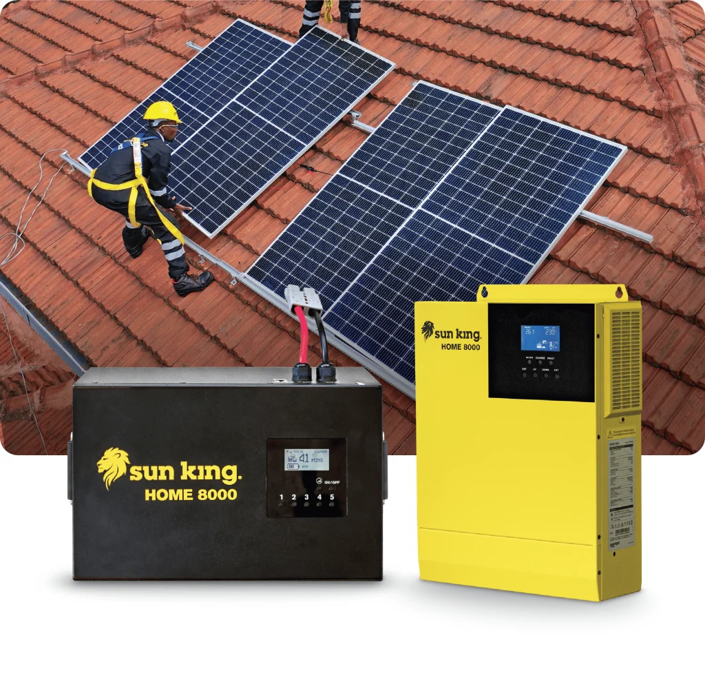 Home 8000, 2 people fixing solar panel on the roof plus 2 inverters